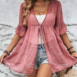 Women's Sheer Pink polka dot lace blouse
